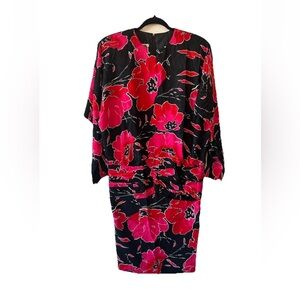 VTG JARIN By Ruben Paris Pink & Black Floral Long Sleeve Midi Length Dress M/L